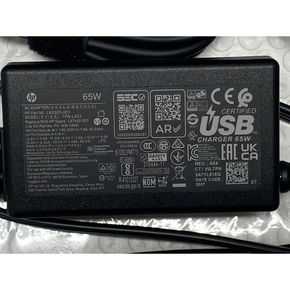 HP 65W USB C Laptop Charger L65505 001 TPN LA23 New